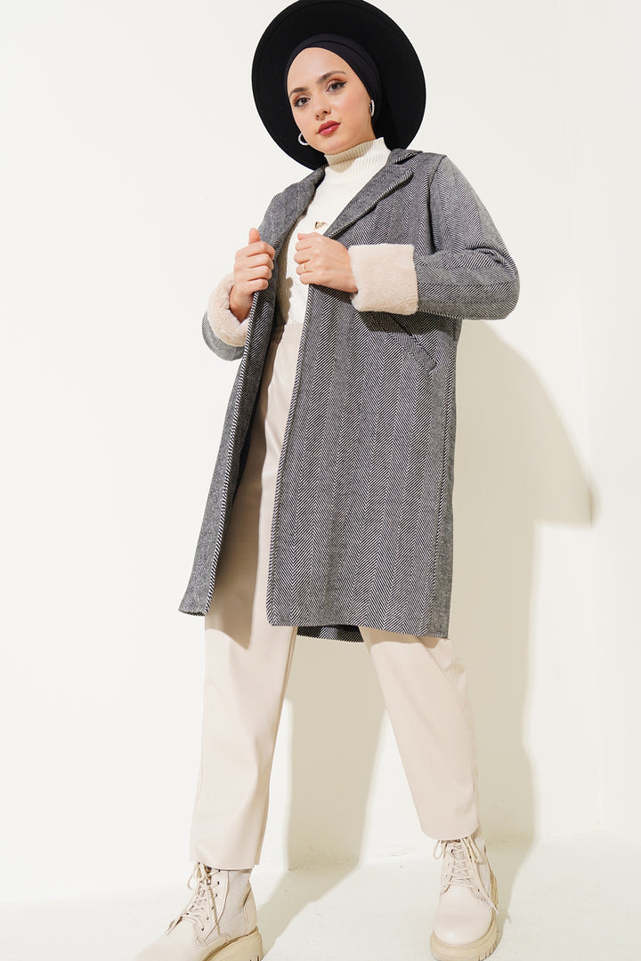 BGD Women Women's Arms Furry Fishbone Overcoat - Dark Black - Elda