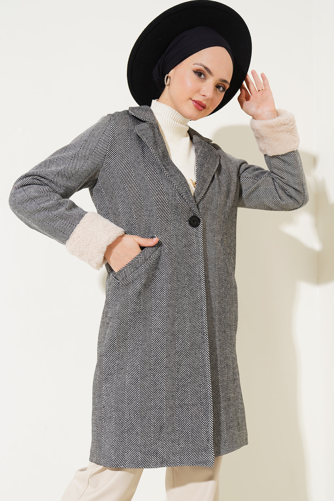 BGD Women Women's Arms Furry Fishbone Overcoat - Dark Black - Elda