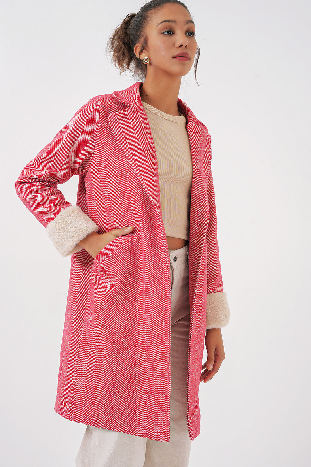 BGD Women Women's Arms Furry Fishbone Overcoat - Red - Roubaix