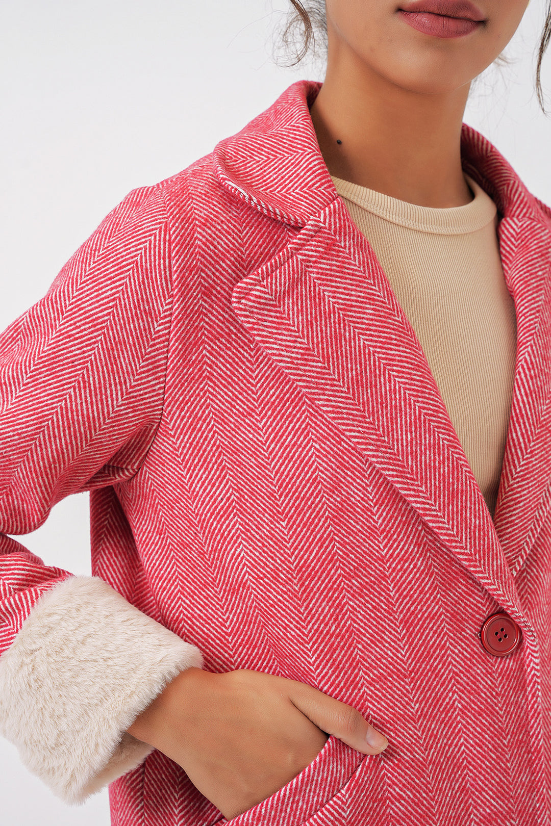 BGD Women Women's Arms Furry Fishbone Overcoat - Red - Roubaix