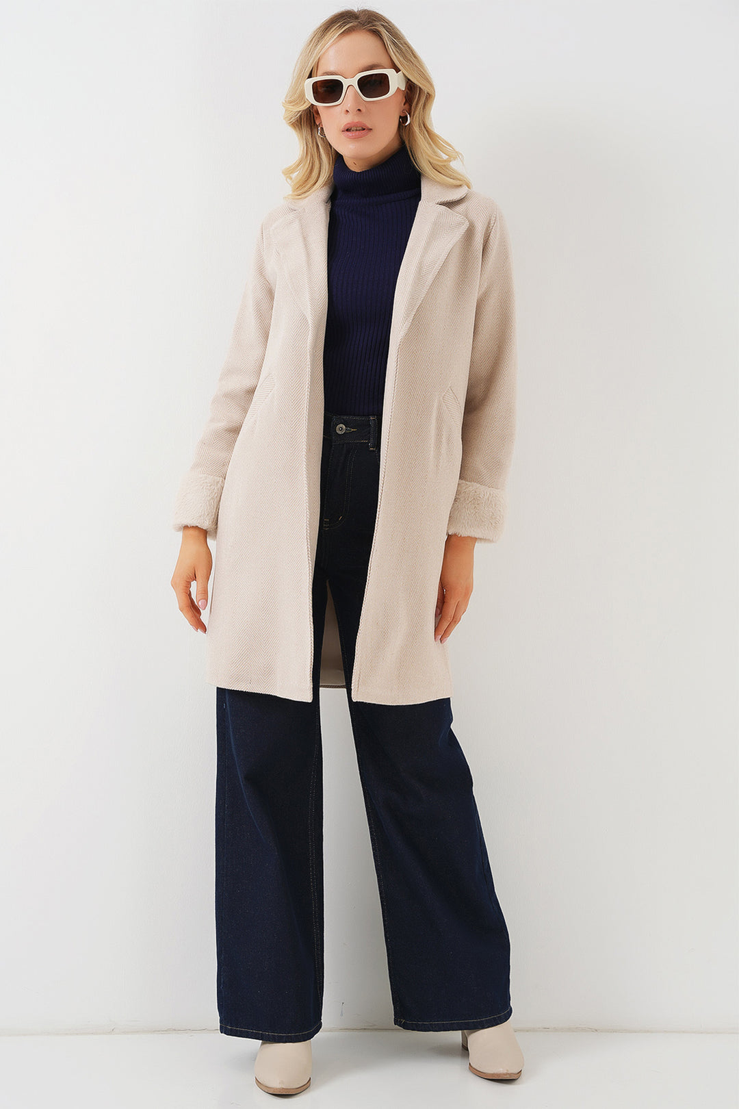BGD Women Women's Arms Furry Fishbone Overcoat - Cream - North Port