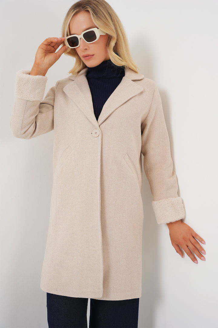 BGD Women Women's Arms Furry Fishbone Overcoat - Cream - North Port
