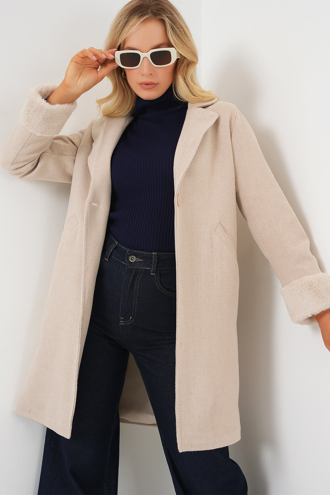 BGD Women Women's Arms Furry Fishbone Overcoat - Cream - North Port