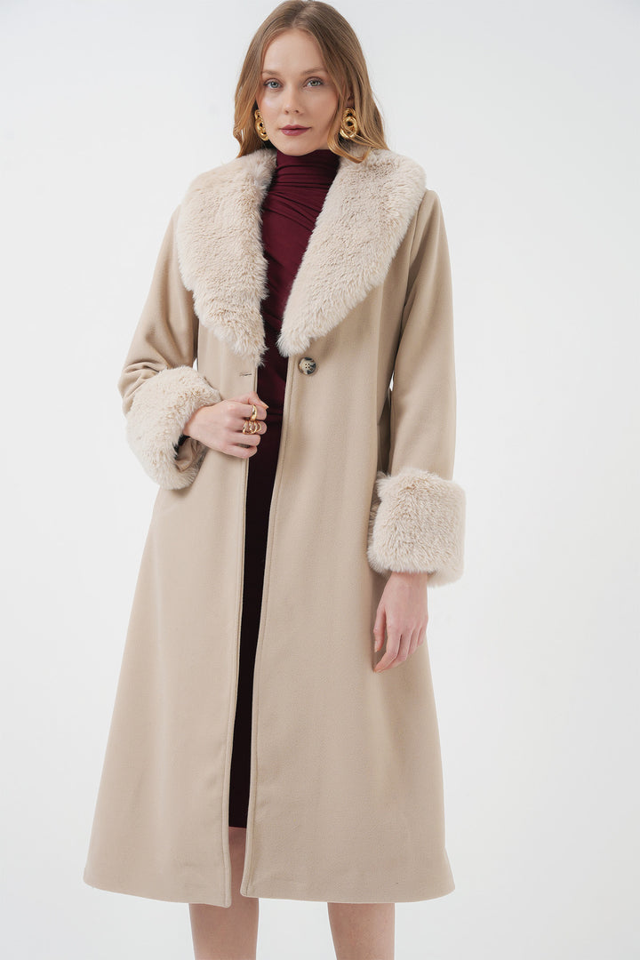 BGD Women Fur Detail Long Coat - Beige - Ramsgate