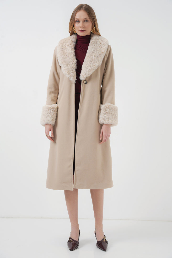 BGD Women Fur Detail Long Coat - Beige - Ramsgate