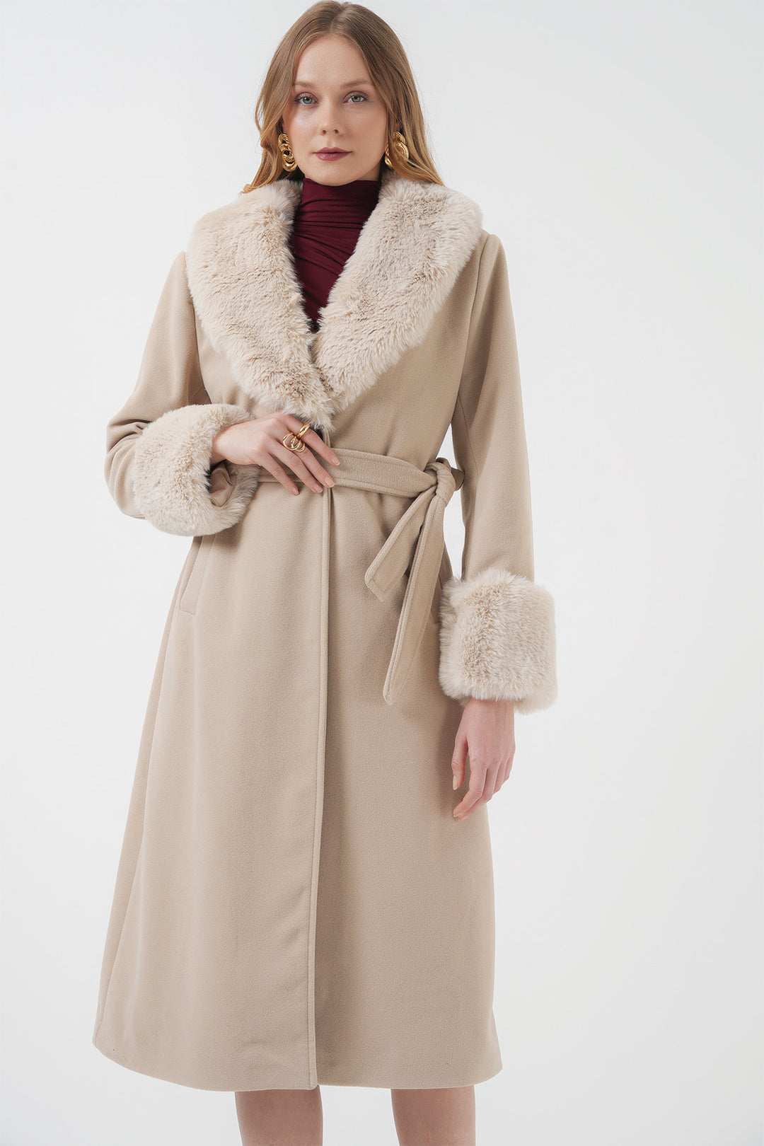 BGD Women Fur Detail Long Coat - Beige - Ramsgate