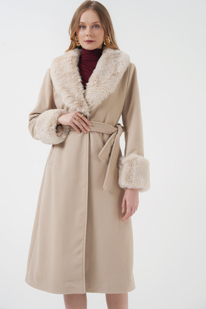 BGD Women Fur Detail Long Coat - Beige - Ramsgate