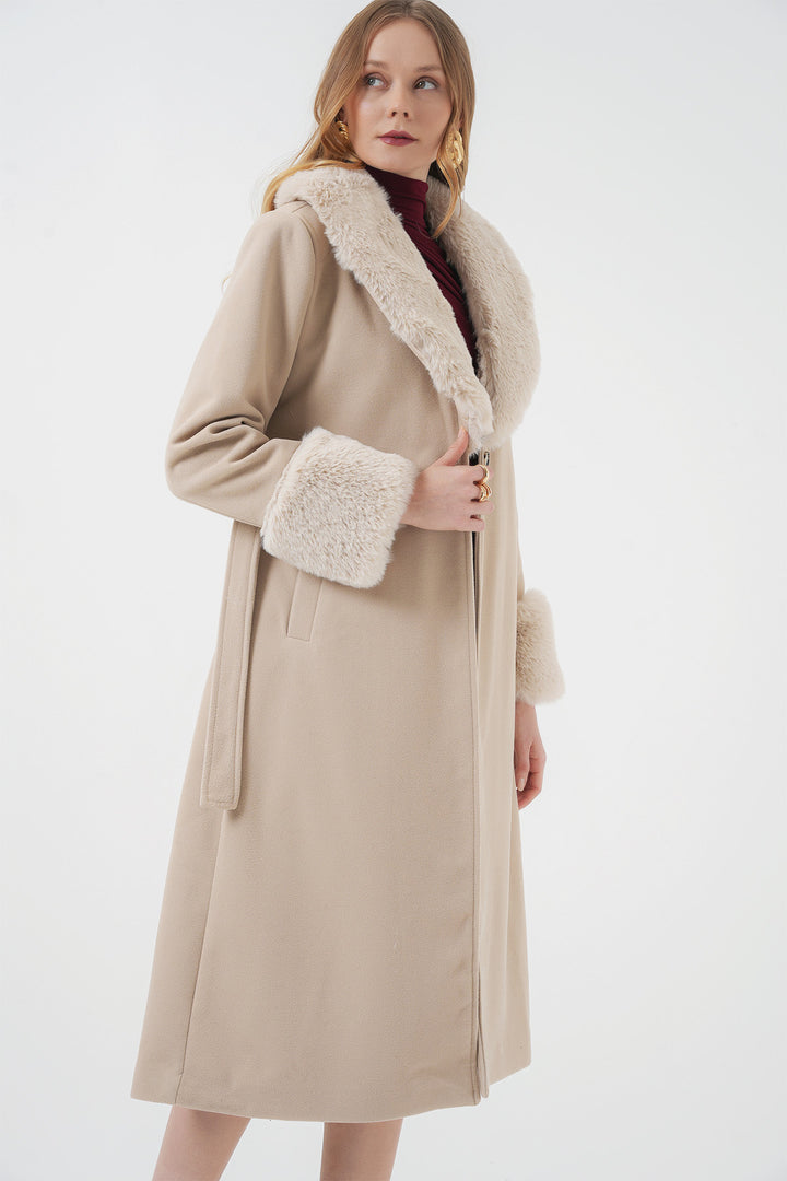 BGD Women Fur Detail Long Coat - Beige - Ramsgate