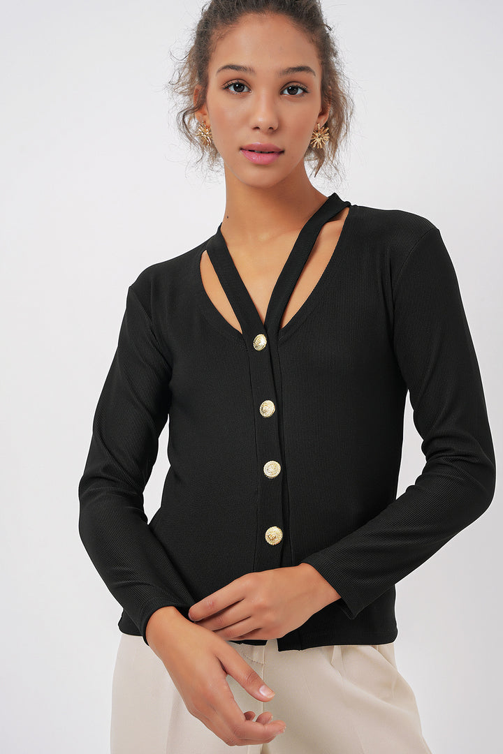 BGD Women Buttoned Basic Knit Cardigan - Black - Niagara Falls
