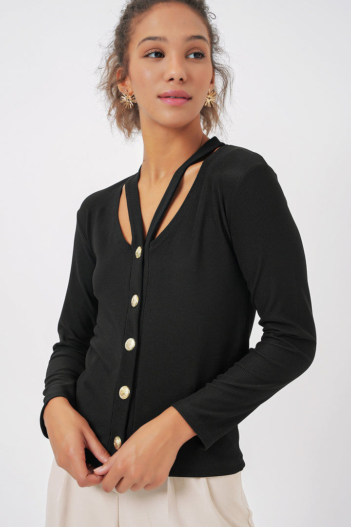 BGD Women Buttoned Basic Knit Cardigan - Black - Niagara Falls