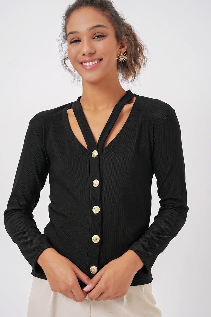 BGD Women Buttoned Basic Knit Cardigan - Black - Niagara Falls