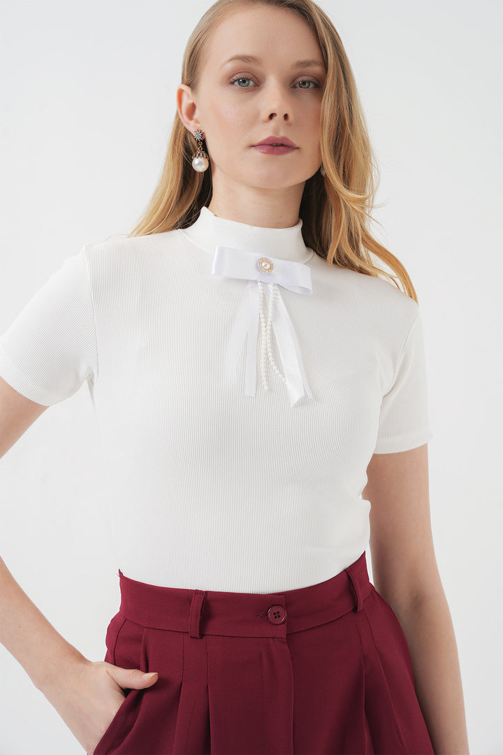 BGD Women Neck Detailed Short Sleeve Blouse - White - Roseville