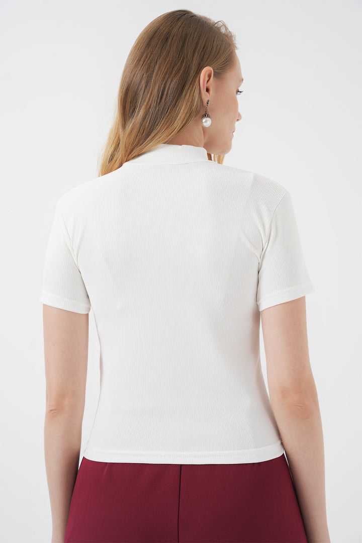 BGD Women Neck Detailed Short Sleeve Blouse - White - Roseville