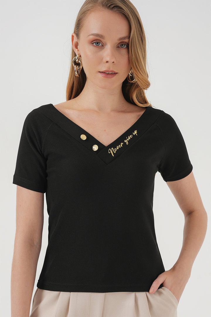 BGD Women Short Sleeve V Neck Blouse - Black - Leamington