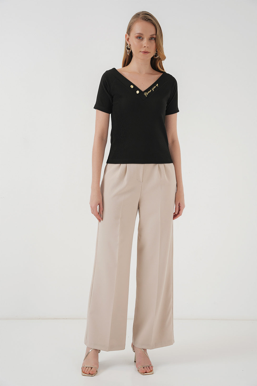 BGD Women Short Sleeve V Neck Blouse - Black - Leamington