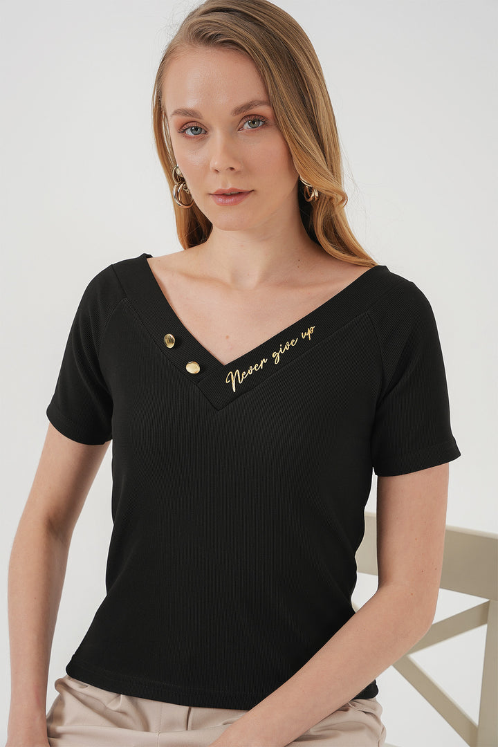 BGD Women Short Sleeve V Neck Blouse - Black - Leamington