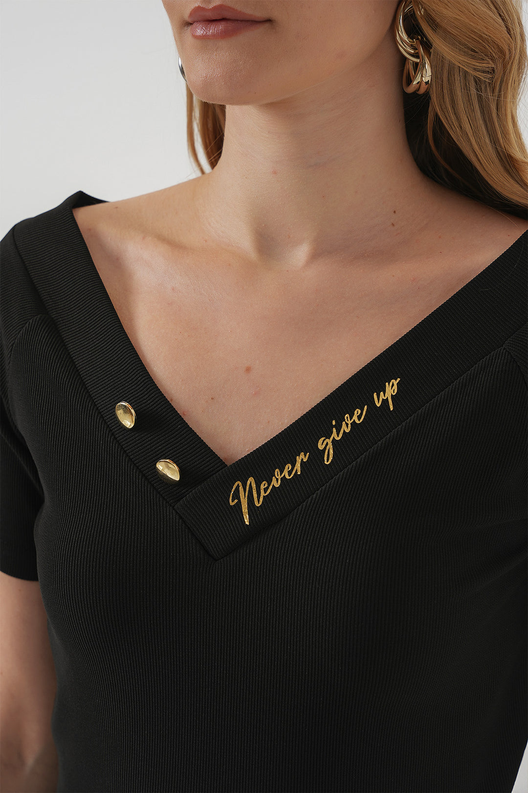 BGD Women Short Sleeve V Neck Blouse - Black - Leamington