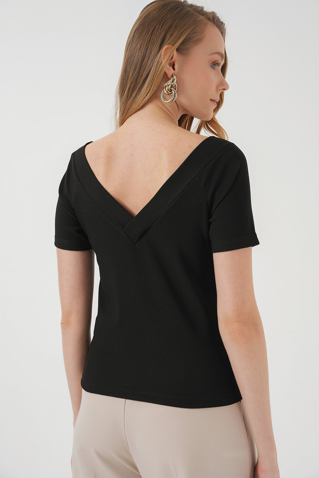 BGD Women Short Sleeve V Neck Blouse - Black - Leamington