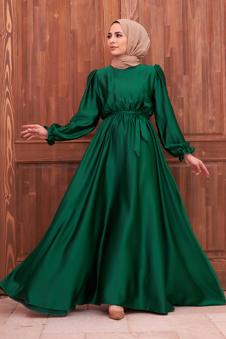ZRF Women Belted Satin Dress - Emerald - Craiova
