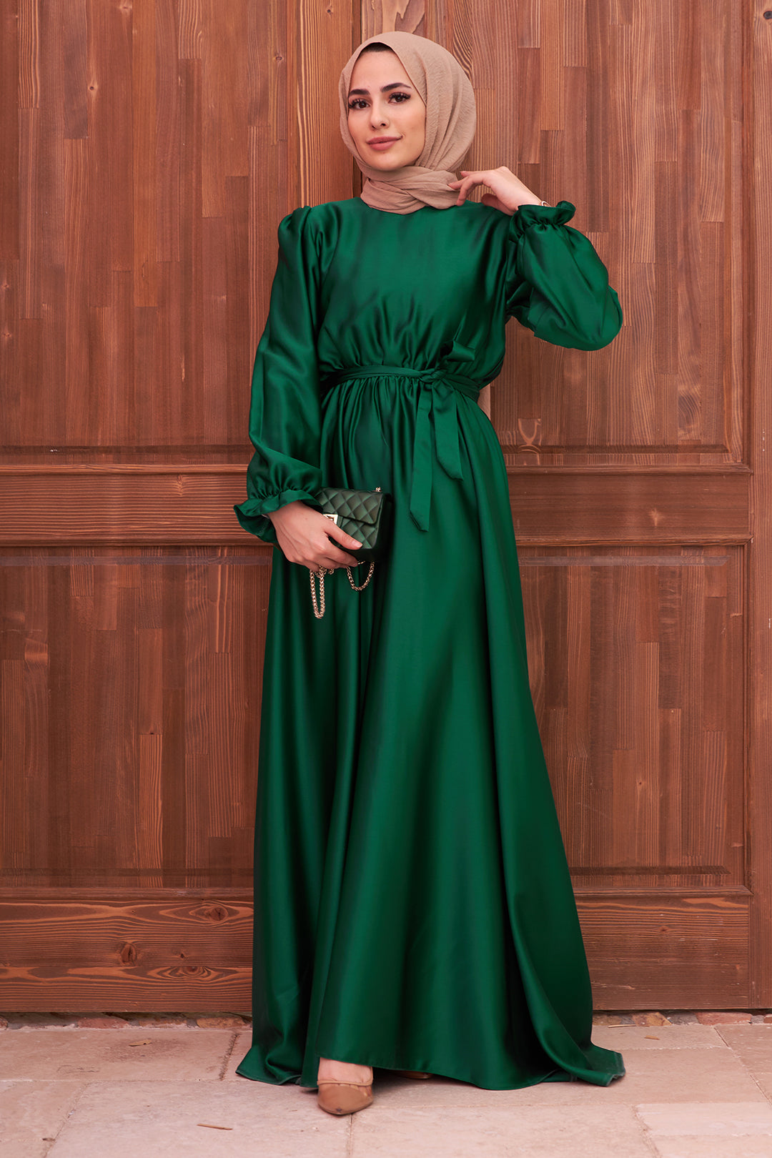 ZRF Women Belted Satin Dress - Emerald - Craiova
