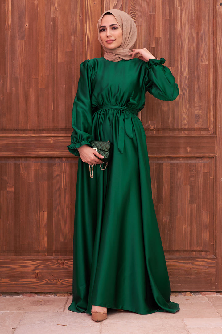 ZRF Women Belted Satin Dress - Emerald - Craiova