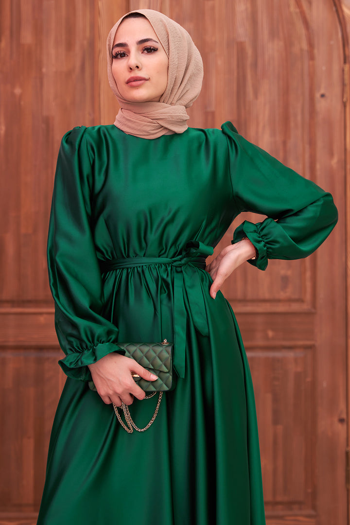 ZRF Women Belted Satin Dress - Emerald - Craiova