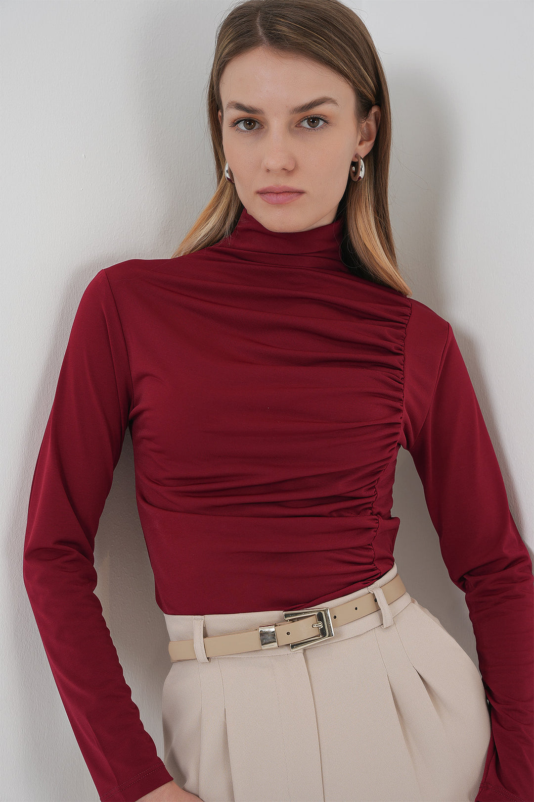 BGD Women Ruffle Detailed High Neck Sandy Blouse - Burgundy - Aguadilla