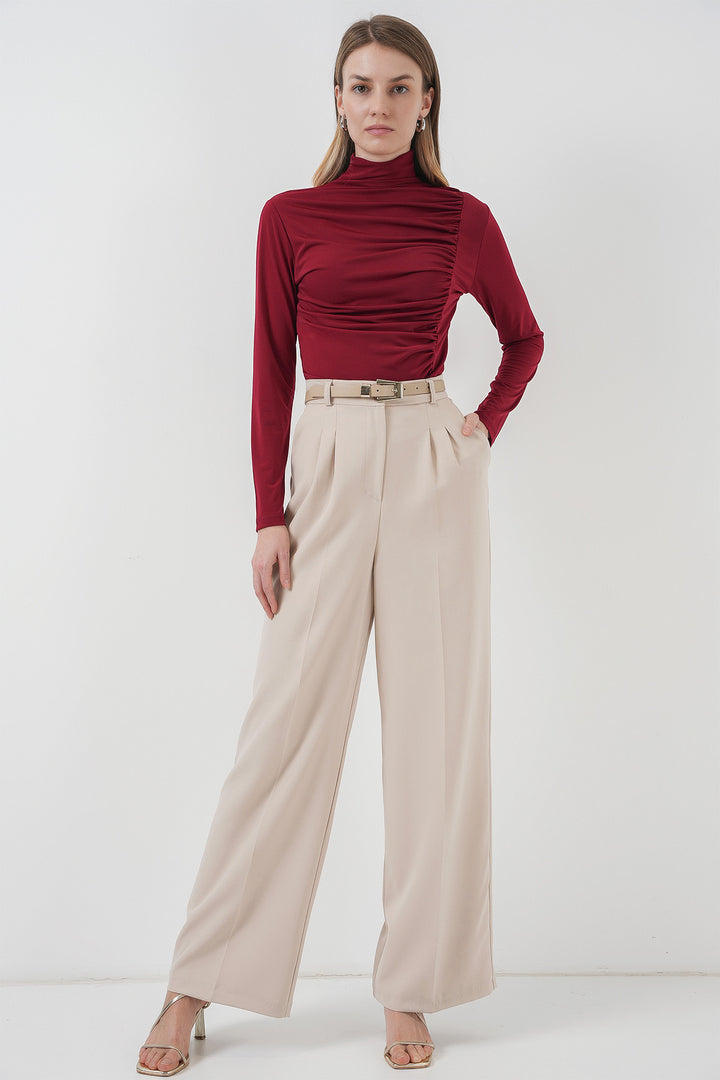 BGD Women Ruffle Detailed High Neck Sandy Blouse - Burgundy - Aguadilla
