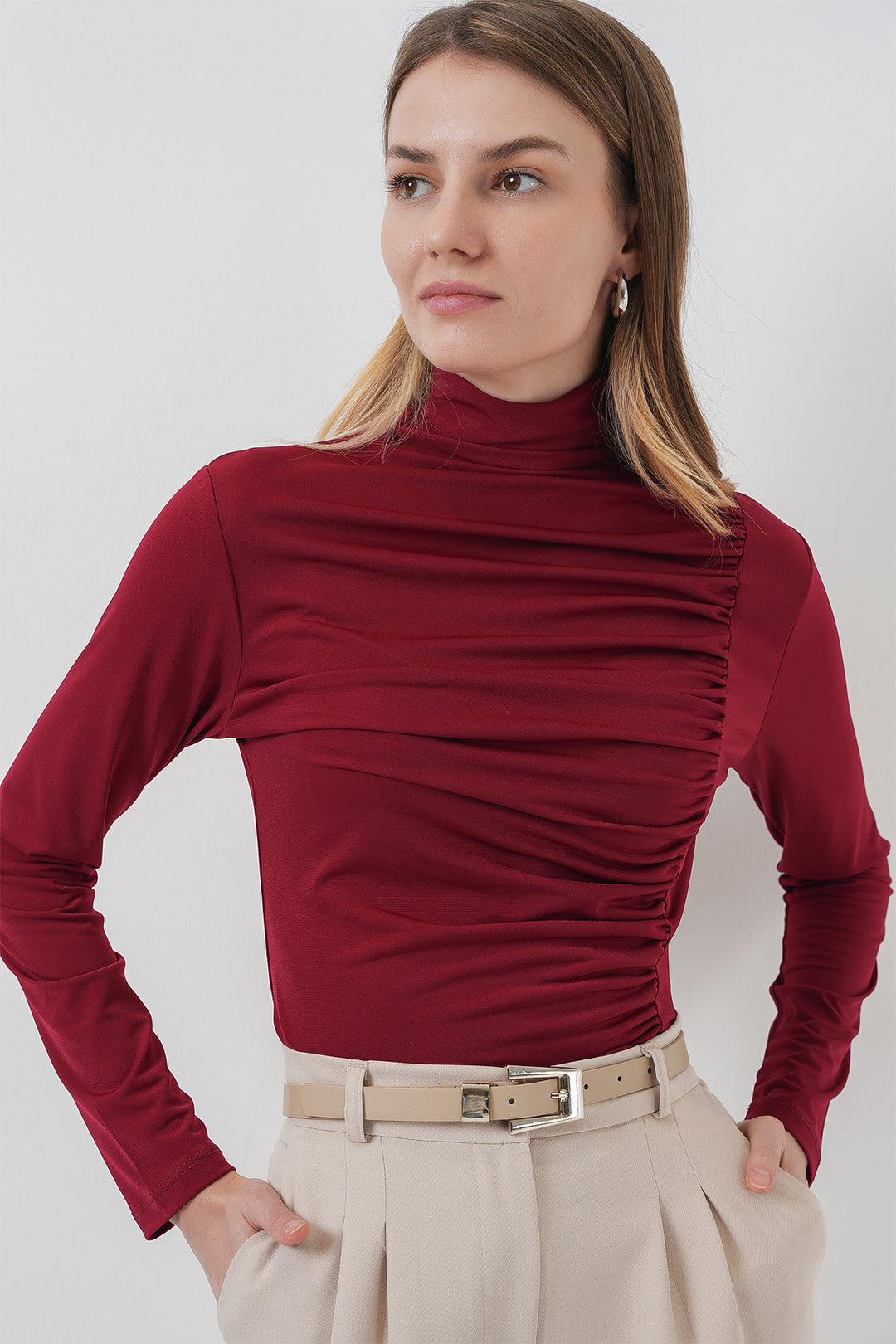 BGD Women Ruffle Detailed High Neck Sandy Blouse - Burgundy - Aguadilla