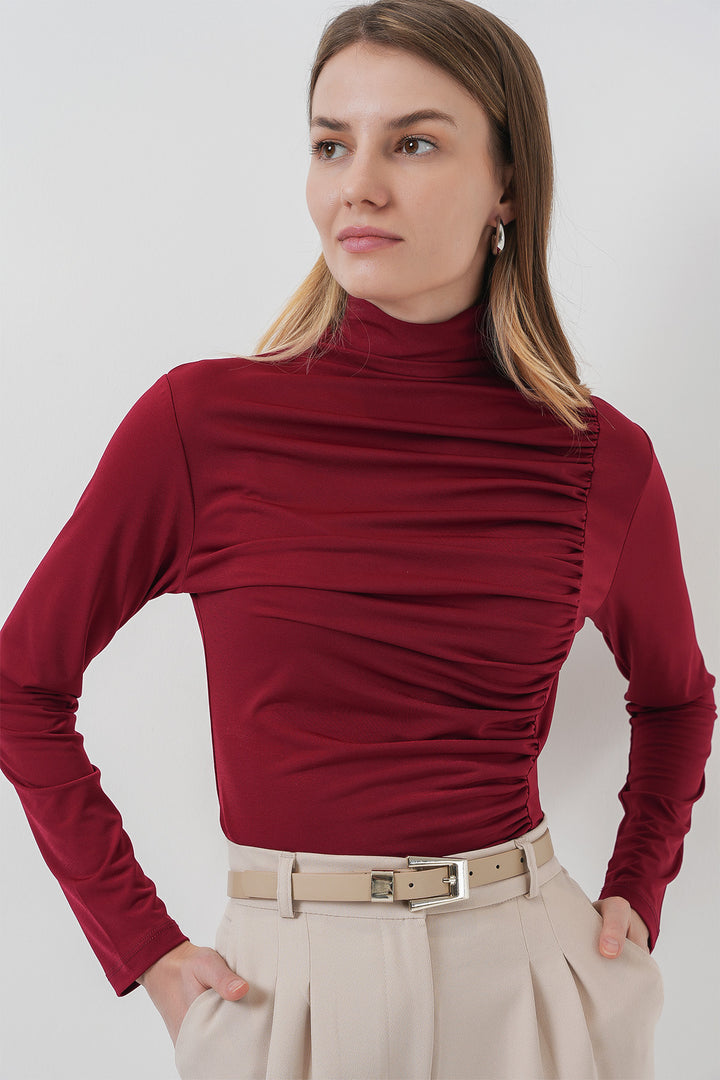 BGD Women Ruffle Detailed High Neck Sandy Blouse - Burgundy - Aguadilla