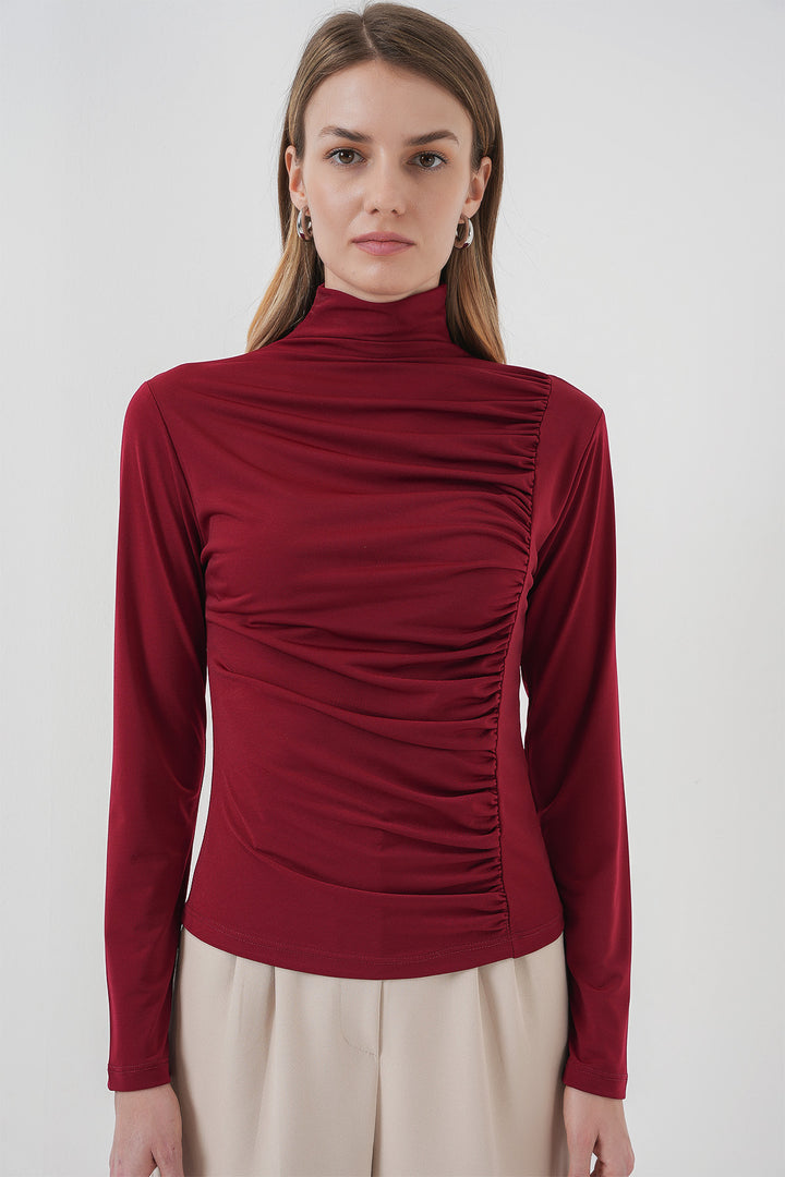 BGD Women Ruffle Detailed High Neck Sandy Blouse - Burgundy - Aguadilla