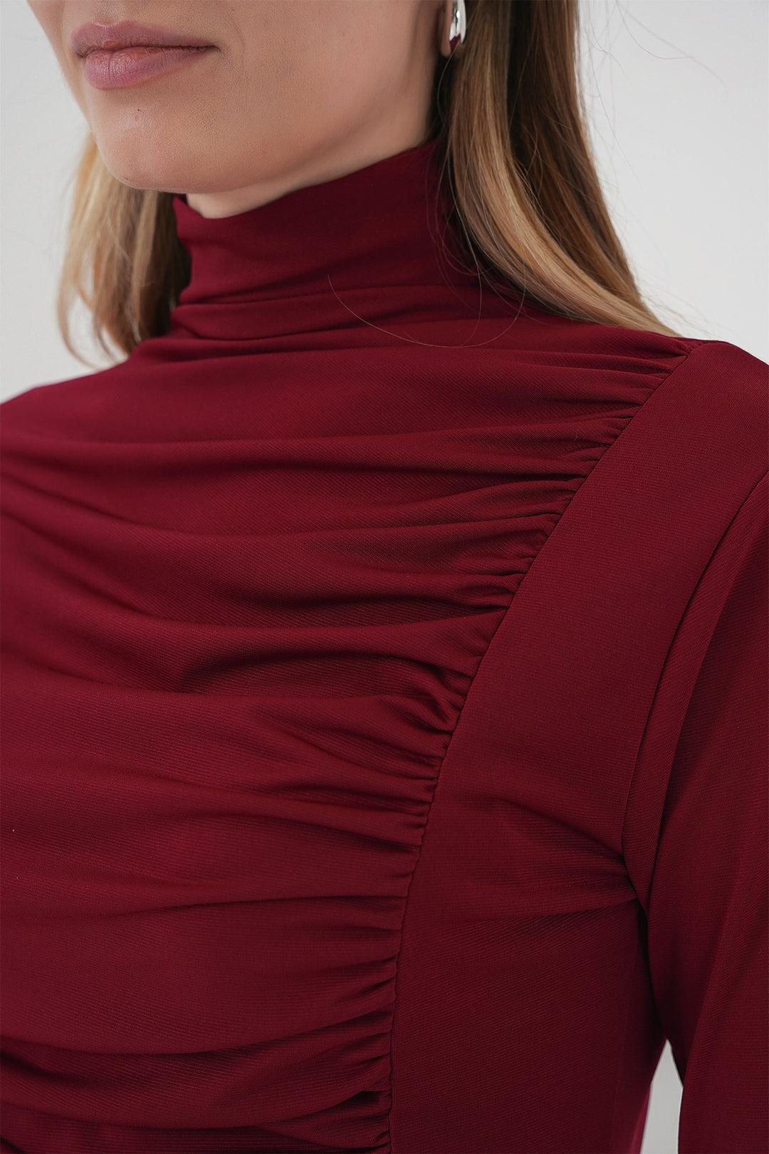 BGD Women Ruffle Detailed High Neck Sandy Blouse - Burgundy - Aguadilla