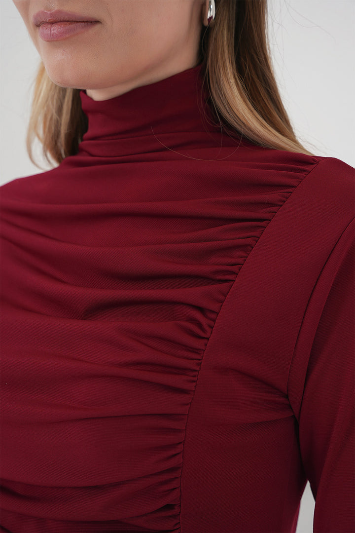 BGD Women Ruffle Detailed High Neck Sandy Blouse - Burgundy - Aguadilla