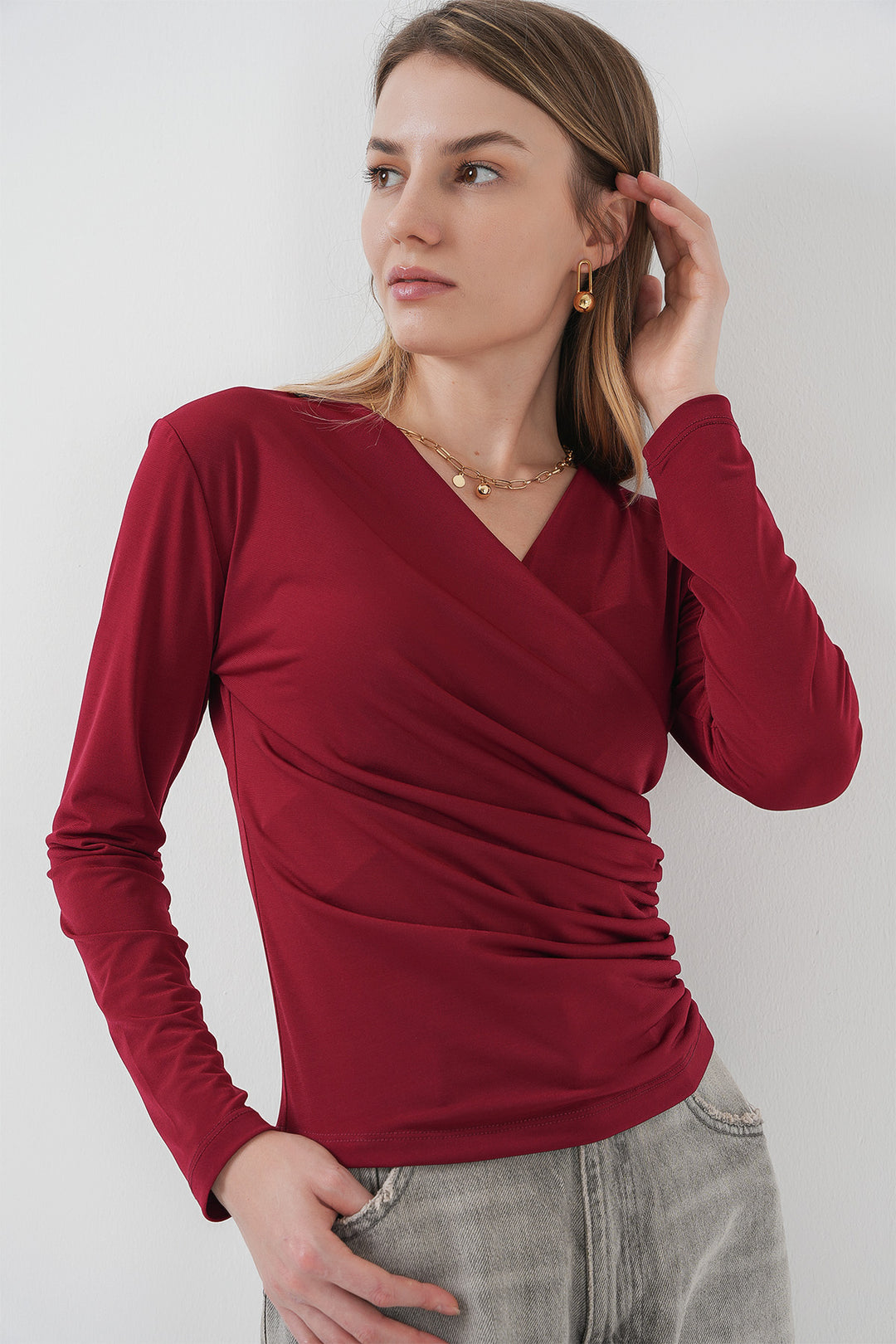 BGD Women Tire Neck Sandy Blouse - Burgundy - Navojoa