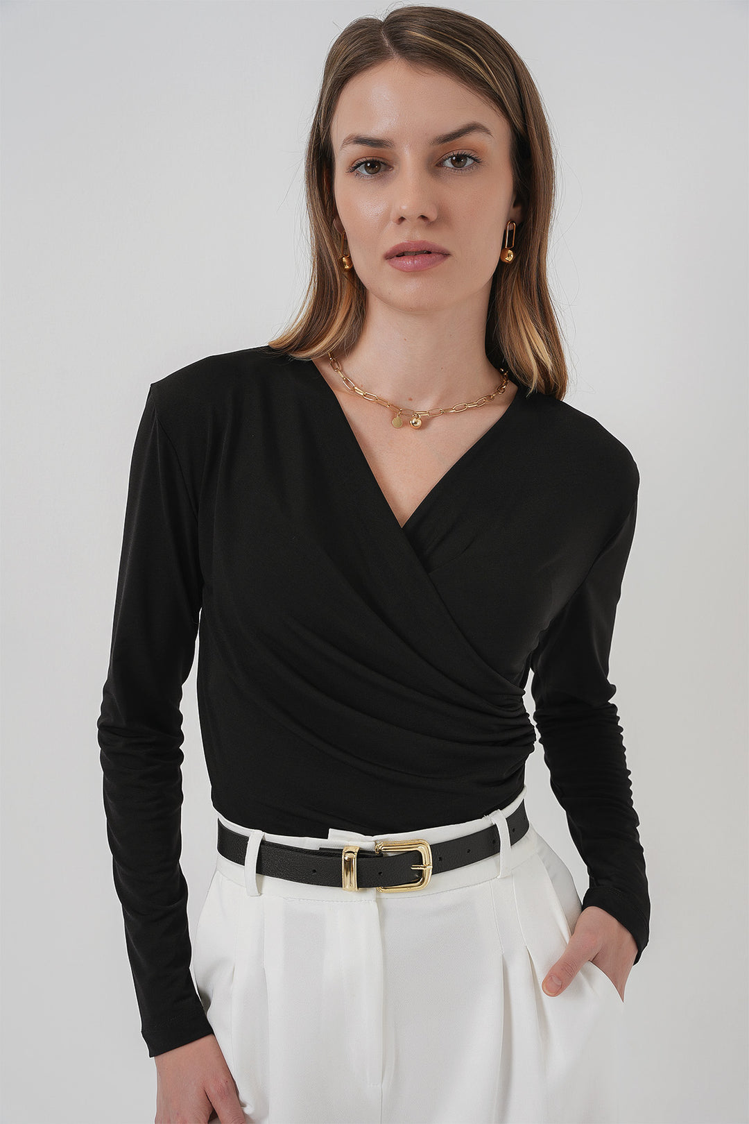 BGD Women Anvelop Neck Sandy Blouse - Black - Banbury