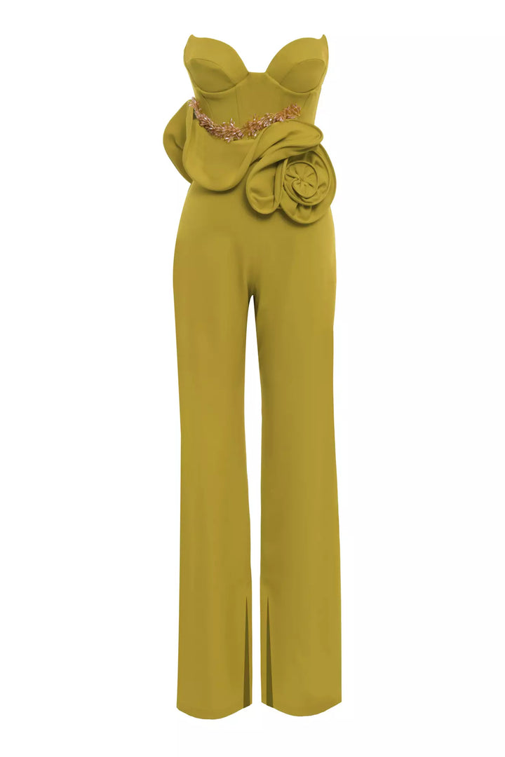 FRV Peanut green crepe sleeveless long overalls - Greenacres