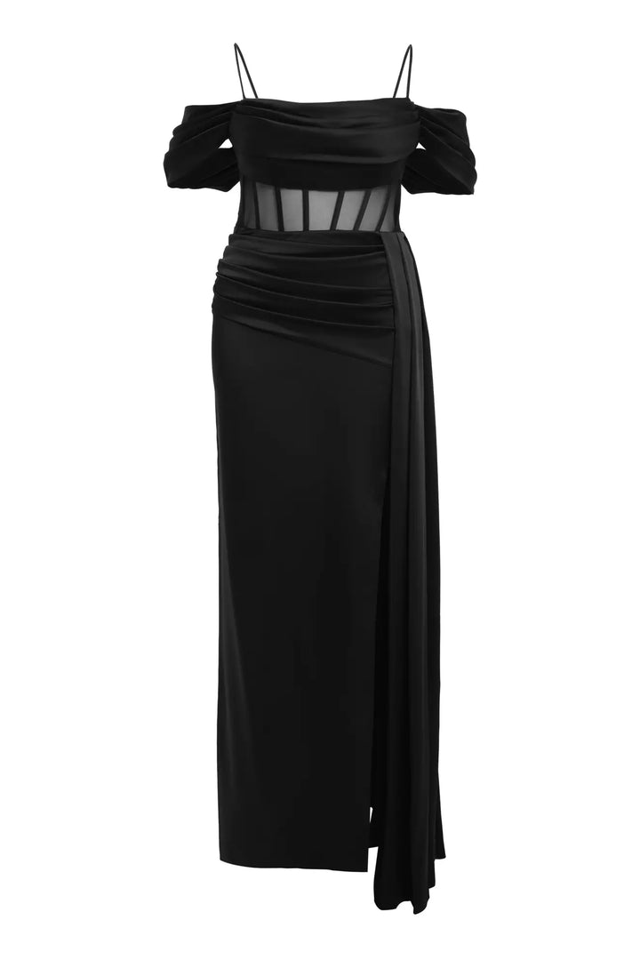 FRV Black plus size satin sleeveless long dress - Pau