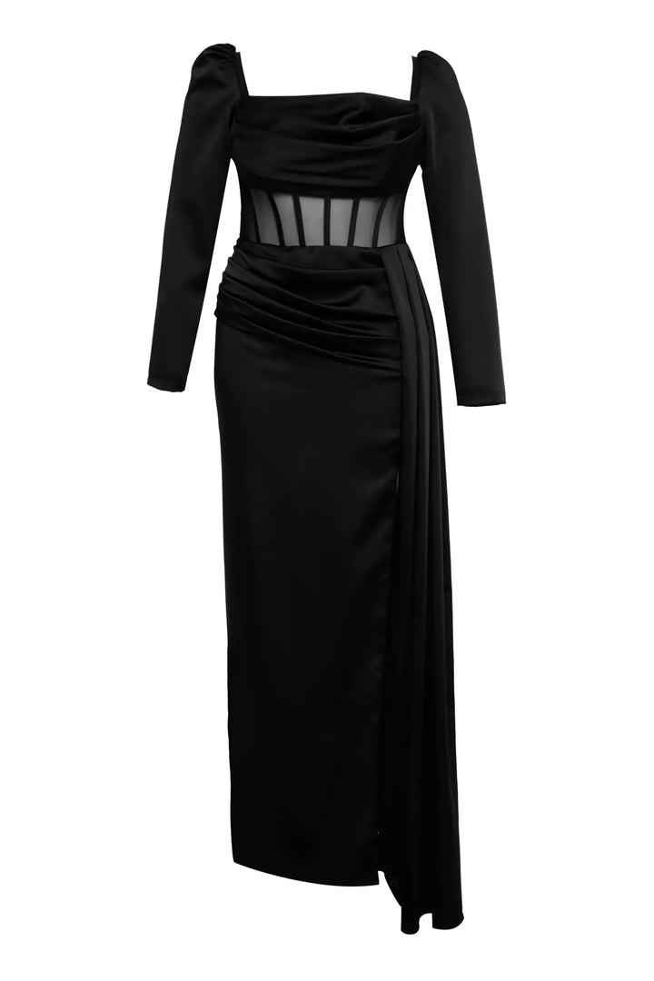 FRV Black plus size satin long sleeve long dress - Grand Prairie
