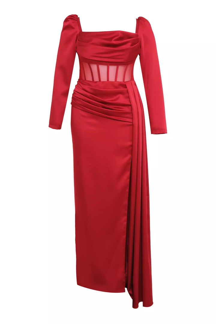 FRV Red plus size satin long sleeve long dress - Caltagirone