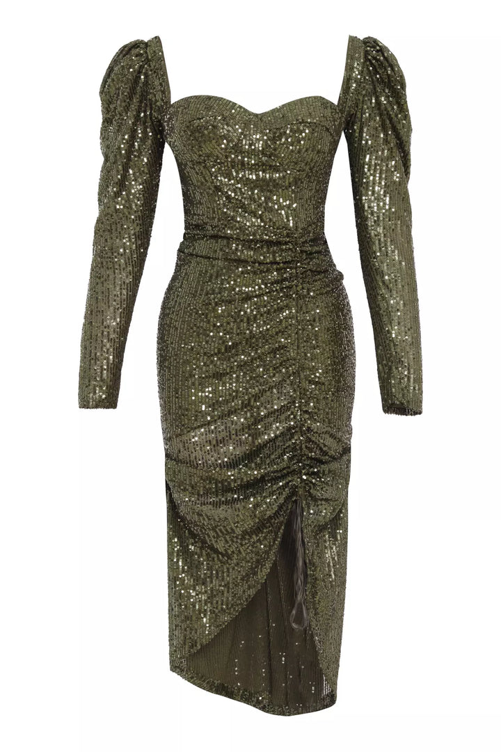 FRV Khaki stamp sequins long sleeve maxi dress - Walnut Creek