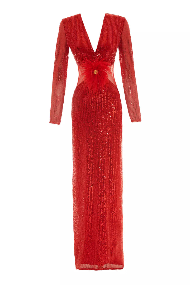 FRV Red stamp sequins long sleeve maxi dress - Stockport