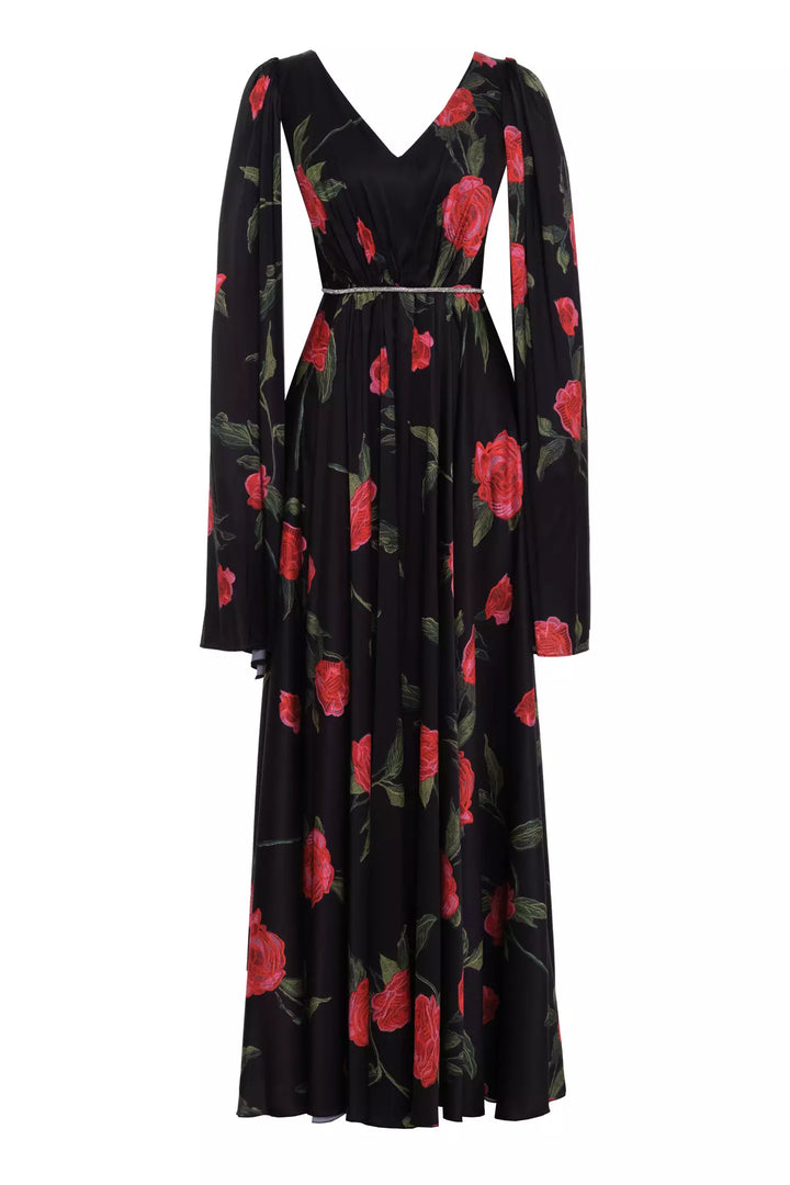 FRV Printed satin long sleeve long dress - Brick