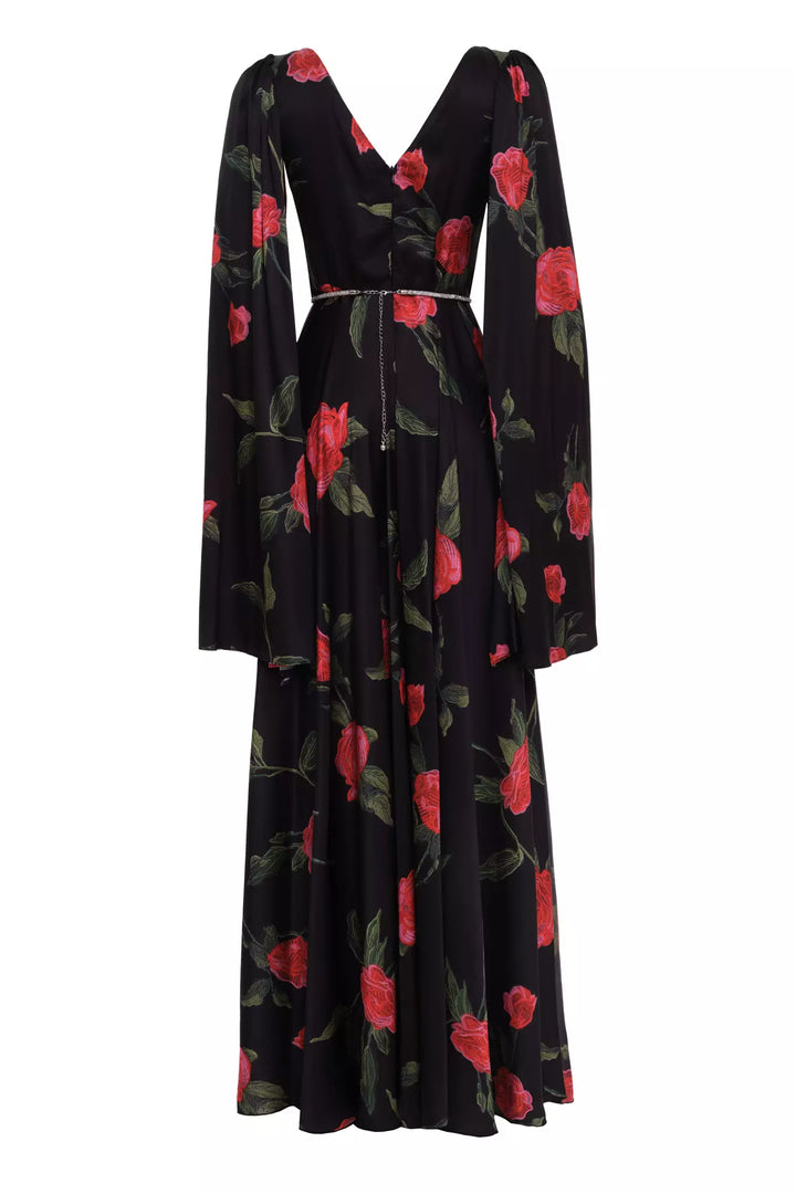 FRV Printed satin long sleeve long dress - Brick