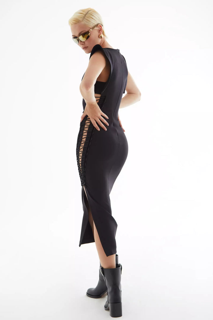 FRV Black crepe short sleeve midi dress - Verona