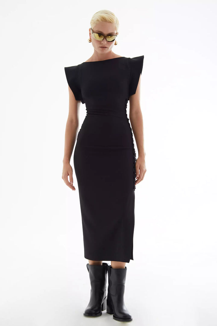 FRV Black crepe short sleeve midi dress - Verona