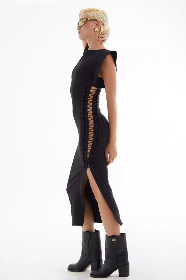 FRV Black crepe short sleeve midi dress - Verona
