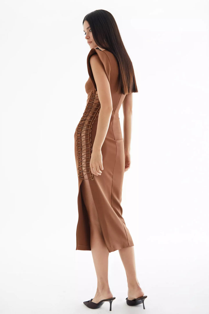 FRV Brown crepe short sleeve midi dress - Fontana