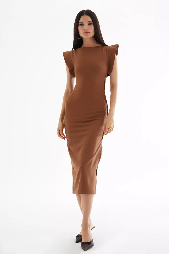 FRV Brown crepe short sleeve midi dress - Fontana