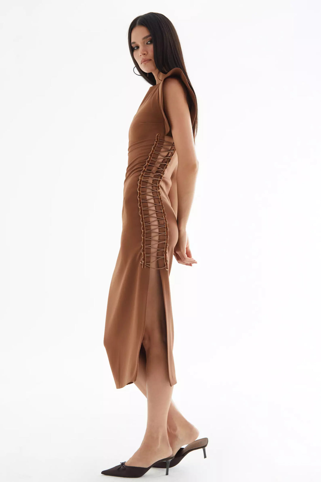 FRV Brown crepe short sleeve midi dress - Fontana