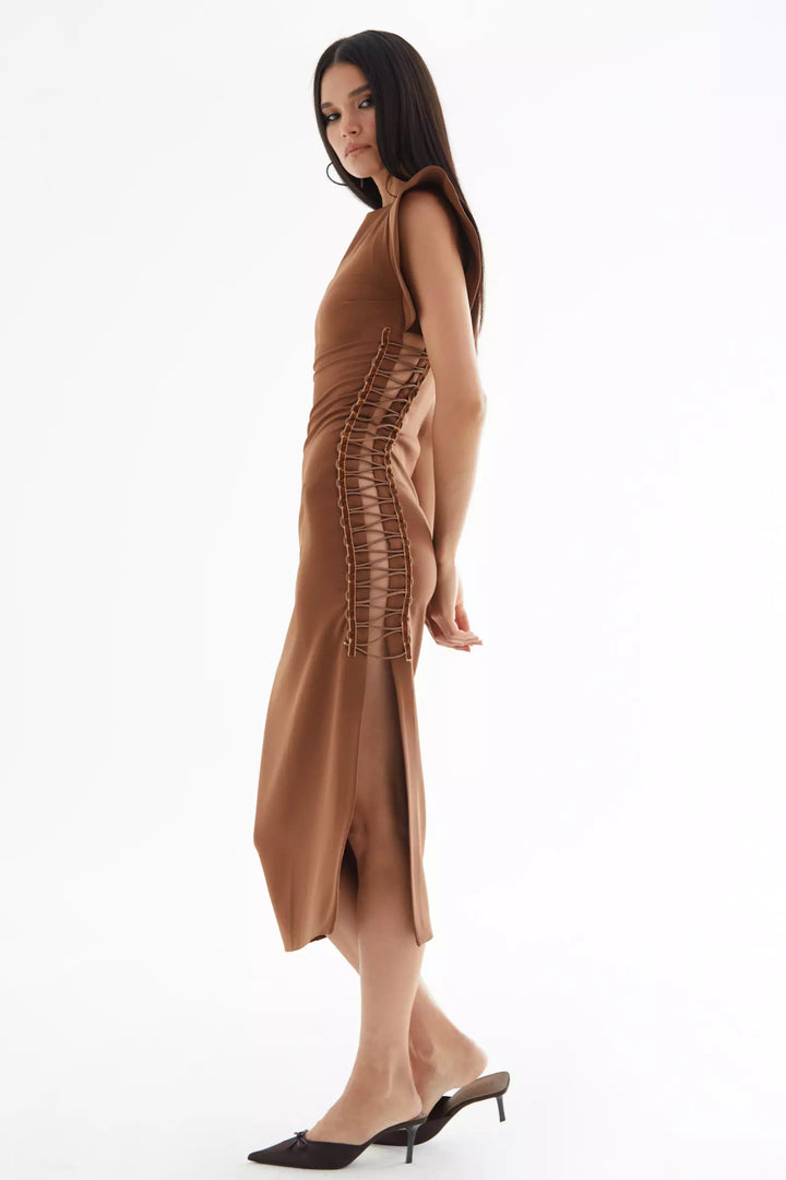 FRV Brown crepe short sleeve midi dress - Fontana